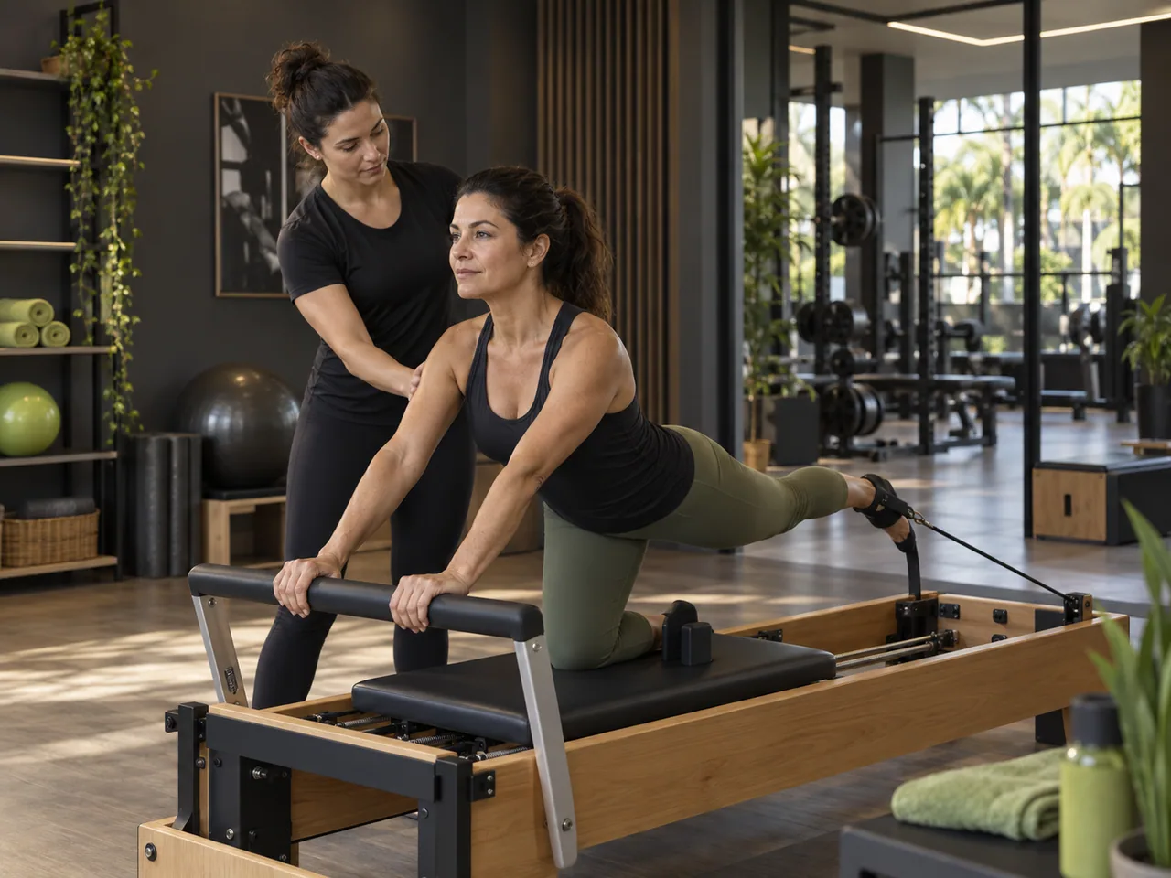 Prática orientada de Pilates — imagem editorial ilustrativa