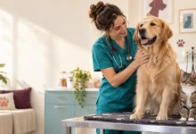 Veterinária com cão e gato — imagem editorial ilustrativa da página Pet’s Canine