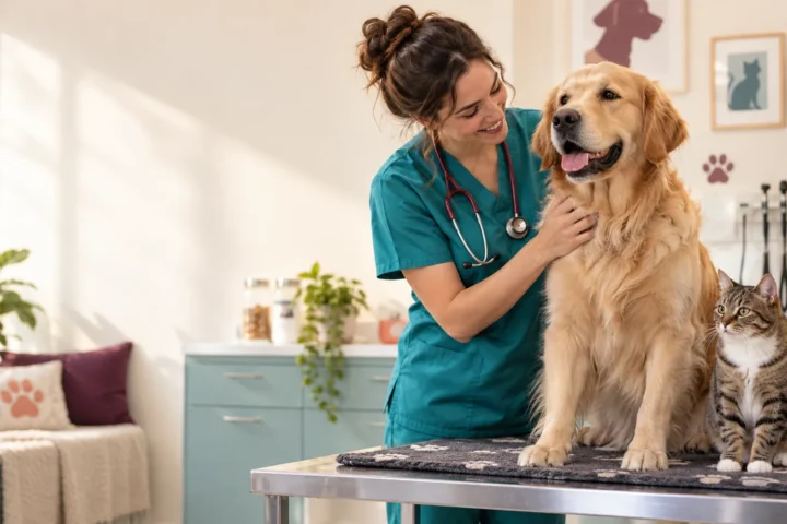Veterinária com cão e gato — imagem editorial ilustrativa da página Pet’s Canine