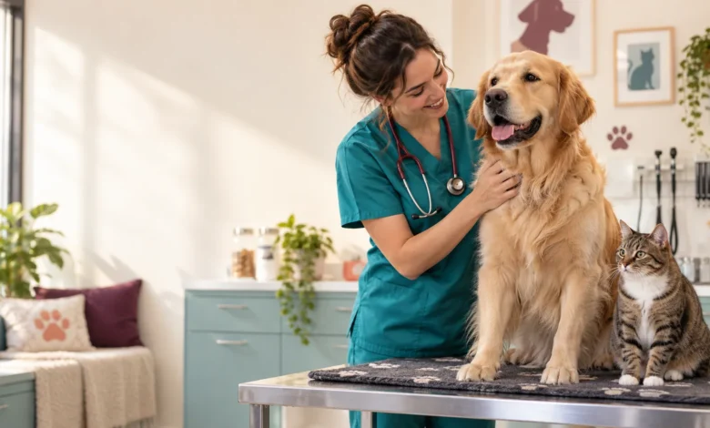 Veterinária com cão e gato — imagem editorial ilustrativa da página Pet’s Canine
